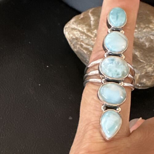Navajo Blue Larimar Multi-Stone Ring | Authentic Native American Sterling Silver | Multi-Stone | Sz 8 | 15930