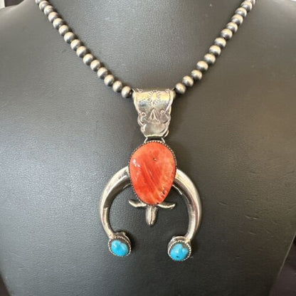 Navajo Blue Turquoise Red Spiny Oyster Naja Pendant | Sterling Silver | Authentic Native American Handmade | 16405