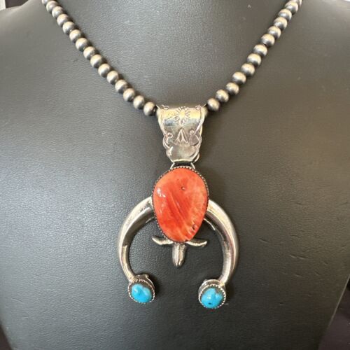 Navajo Blue Turquoise Red Spiny Oyster Naja Pendant | Sterling Silver | Authentic Native American Handmade | 16405