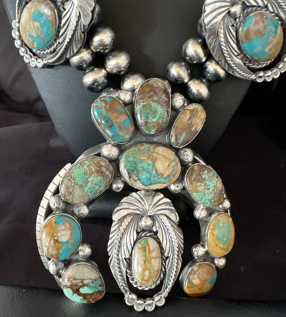 Navajo Blue Boulder Turquoise Squash Blossom Necklace Pendant | Authentic Native American Handmade | 15451