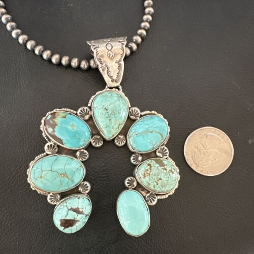 Navajo Blue Turquoise #8 Squash Blossom Naja Pendant Necklace | Sterling Silver | Authentic Native American Handmade | 16907