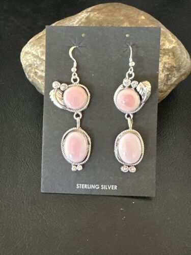 Navajo Pink Conch Shell Dangle Earrings | Sterling Silver | Authentic Native American Handmade | 17193