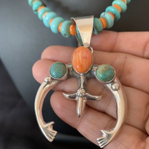 Navajo Pearls Necklace with Blue Turquoise & Spiny Oyster Naja Pendant | Sterling Silver | 10261