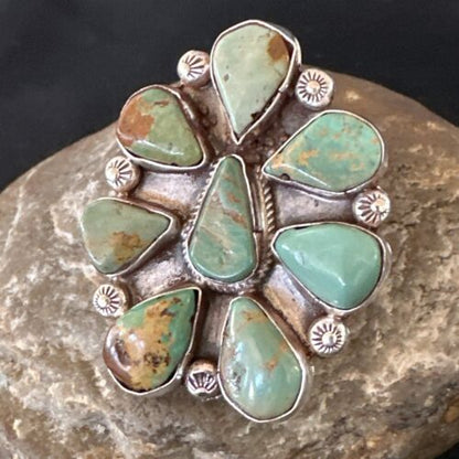 Navajo Green Turquoise Cluster Ring | Authentic Native American Sterling Silver | Multi-Stone | Sz 7 | 16859