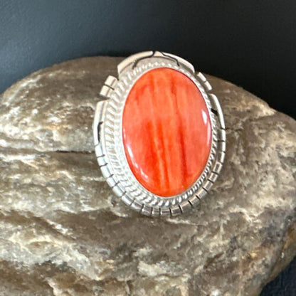 Women's Orange Spiny Oyster Navajo Ring | Sterling Silver | Sz 8 | Authentic Native American Handmade | 16034
