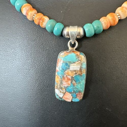 Navajo Spiny Turquoise Pendant Necklace | Sterling Silver | 21" | Authentic Native American Handmade | 17515