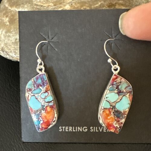 Navajo Blue Turquoise Red Spiny Oyster Inlay Dangle Earrings | Sterling Silver | 15579