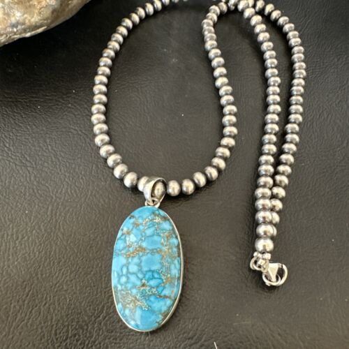 Men's Navajo Blue Spiderweb Turquoise Pendant Necklace | Sterling Silver | Authentic Native American Handmade | 16301