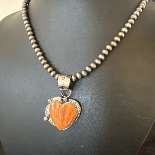 Navajo Orange Spiny Oyster Heart Pendant Necklace | Sterling Silver | Authentic Native American Handmade | 16413
