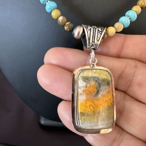 Men's BumbleBee Jasper Pendant Necklace | Navajo Pearls | Sterling Silver | Authentic Native American Handmade | 16882