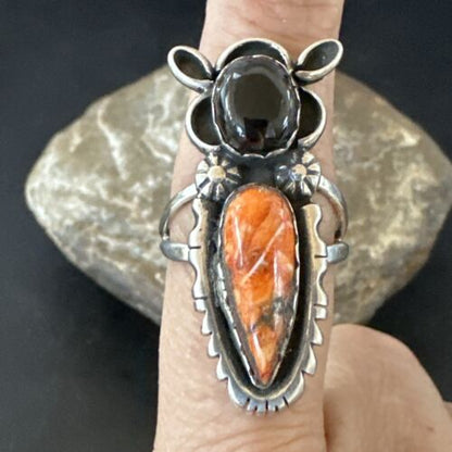 Navajo Cat Spiny Oyster Onyx Multi-Stone Ring | Authentic Native American Sterling Silver | Multi-Stone | Sz 9 | 16656