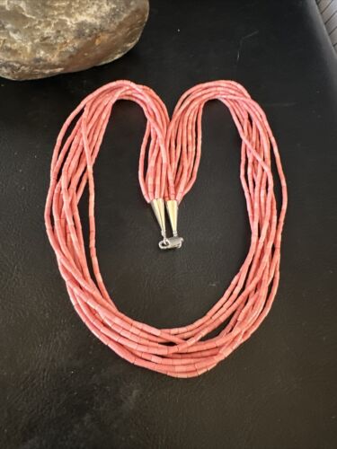 Pink Conch Tube Heishi Bead Necklace | 10 Strand Navajo Sterling Silver | 19" | 15086