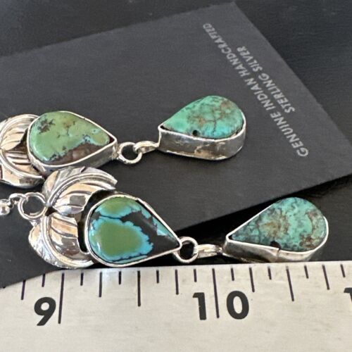 Navajo Green Royston Turquoise Dangle Earrings | Sterling Silver | Authentic Native American Handmade | 16451