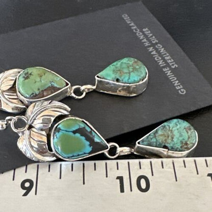 Navajo Green Royston Turquoise Dangle Earrings | Sterling Silver | Authentic Native American Handmade | 16451