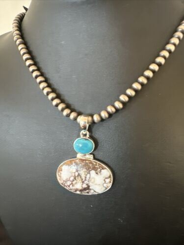 Navajo Wild Horse | Blue Kingman Turquoise Necklace | Sterling Silver | Authentic Native American Handmade | 17309