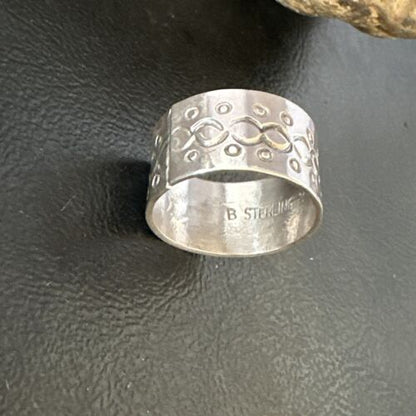 Men's Wide Band Navajo Stamped Ring | Sterling Silver | Sz 11 | Authentic Native American Handmade | 14978