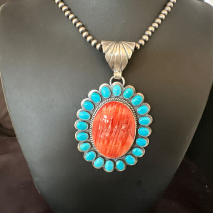 Navajo Kingman Turquoise & Red Spiny Oyster Pendant | Sterling Silver | Authentic Native American Handmade | 15449