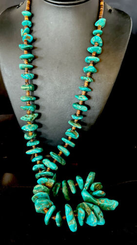Navajo Blue Kingman Nugget Turquoise Necklace | Sterling Silver | 32" | Authentic Native American Handmade | 15287