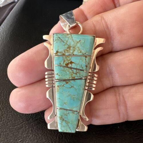 Navajo Blue #8 Turquoise Inlay Pendant | Sterling Silver | 2" | Authentic Native American Handmade | 15685