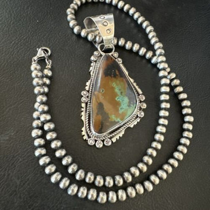 Men's Navajo Green Turquoise Pendant Necklace | Sterling Silver | Authentic Native American Handmade | 17530