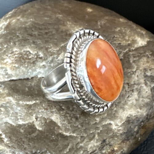 Navajo Orange Spiny Oyster Ring | Sterling Silver | Sz 7.5 | Authentic Native American Handmade | 16029