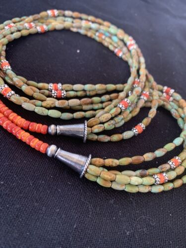Navajo Sterling Silver Graduated Turquoise Spiny Bead Necklace | 3 Strand | Authentic Native American Handmade | 00577