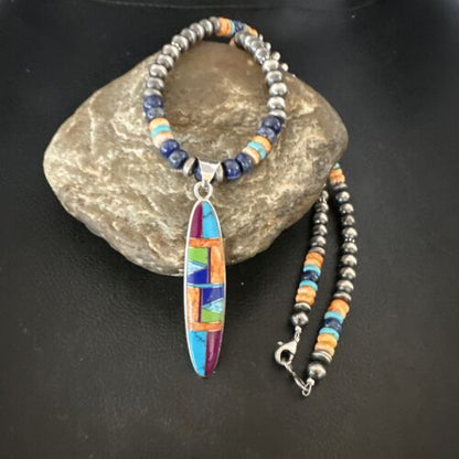 Navajo Spiny Oyster Turquoise Lapis Inlay Pendant Necklace | Sterling Silver | 21" | Authentic Native American Handmade | 16766