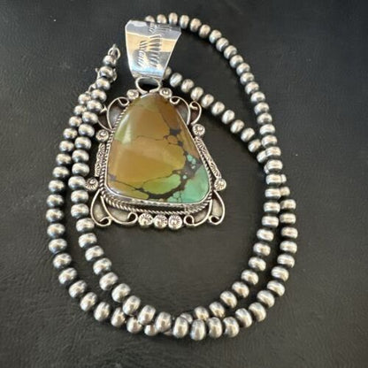 Navajo Men's Green Turquoise Necklace Pendant | Sterling Silver | Authentic Native American Handmade | 17529 - Masha USA