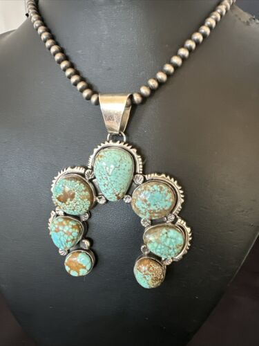Navajo Blue Turquoise #8 Squash Blossom Necklace Naja Pendant | Sterling Silver | Authentic Native American Handmade | 16896