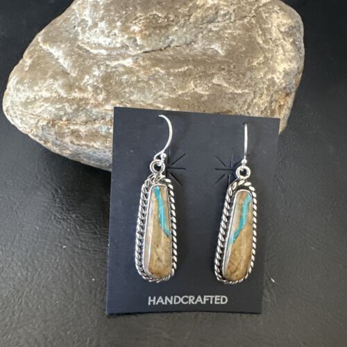 Navajo Blue Boulder Turquoise Dangle Earrings | Sterling Silver | Authentic Native American Handmade | 16498