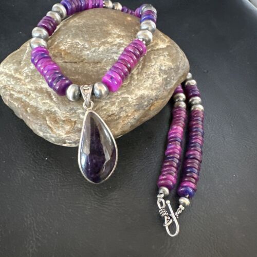 Navajo Pearls Purple Sugilite Pendant Necklace | Sterling Silver Beads | Authentic Native American Handmade | 15373