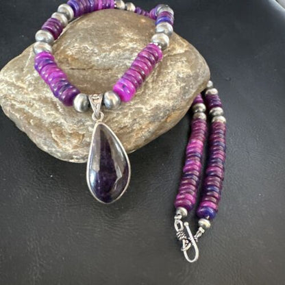 Navajo Pearls Purple Sugilite Pendant Necklace | Sterling Silver Beads | Authentic Native American Handmade | 15373