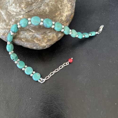 Navajo Blue Turquoise Bead Bracelet | Sterling Silver Link | 8" | Authentic Native American Jewelry | 17235