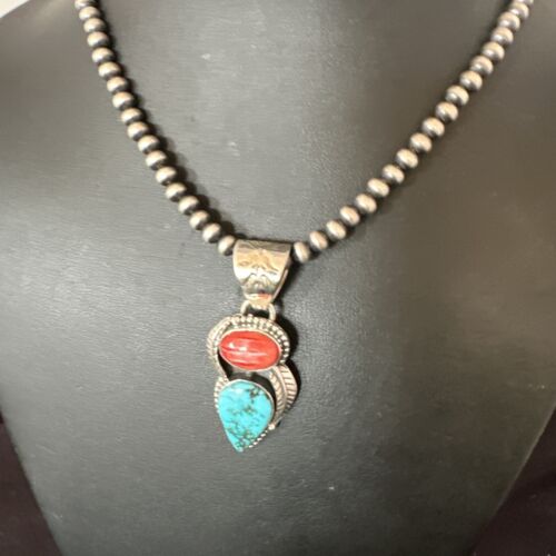 Navajo Blue Turquoise Red Spiny Oyster Pendant Necklace | Sterling Silver | Multi-Stone | 16291