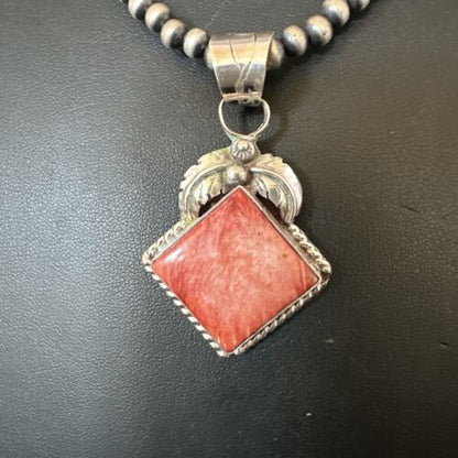 Navajo Red Spiny Oyster Pendant Necklace | Sterling Silver | Authentic Native American Handmade | 16144