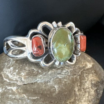 Royston Turquoise Coral Cuff Bracelet | Navajo Tufa Cast | Sterling Silver | Authentic Native American Handmade | 16778