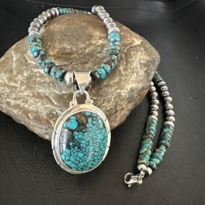 Men's Blue Spiderweb Turquoise Pendant Necklace | Navajo Sterling Silver | Authentic Native American Handmade | 17084