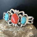 Kingman Turquoise Coral Cuff Bracelet | Navajo Tufa Cast | Sterling Silver | Authentic Native American Handmade | 16406