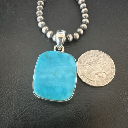 Blue Kingman Turquoise Pendant | Navajo Pearls | Sterling Silver Necklace 20" | 16697