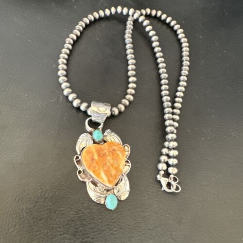 Navajo Spiny Oyster Heart Turquoise Pendant Necklace | Sterling Silver | Authentic Native American Handmade | 16456