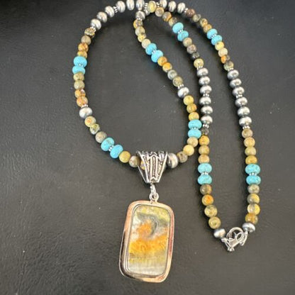 Men's BumbleBee Jasper Pendant Necklace | Navajo Pearls | Sterling Silver | Authentic Native American Handmade | 16882
