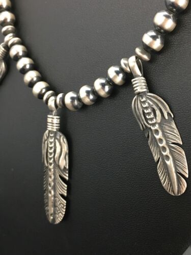 Navajo Pearls Feather Pendant Necklace | Sterling Silver | 16" | Authentic Native American Handmade | 17533