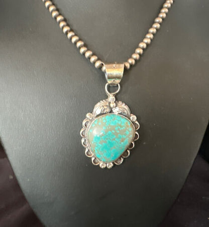 Navajo Pearls Sterling Silver Necklace with Blue Turquoise #8 Pendant | Authentic Native American Handmade | 14858