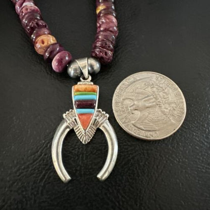 Navajo Purple Spiny Oyster Turquoise Naja Pendant Necklace | Sterling Silver | Authentic Native American Handmade | 16809