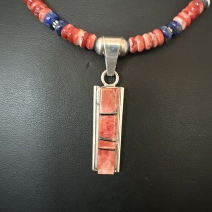 Navajo Pearls Sterling Silver Necklace | Lapis & Red Spiny Oyster Pendant | 17051
