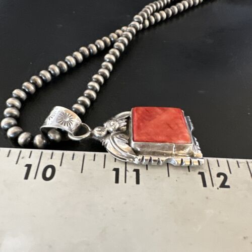 Navajo Red Spiny Oyster Pendant Necklace | Sterling Silver | Authentic Native American Handmade | 16148