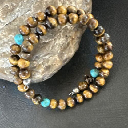 Navajo Blue Turquoise Coffee Tiger's Eye Bracelet | Stainless Steel Memory Wire | Authentic Native American Handmade | 17627
