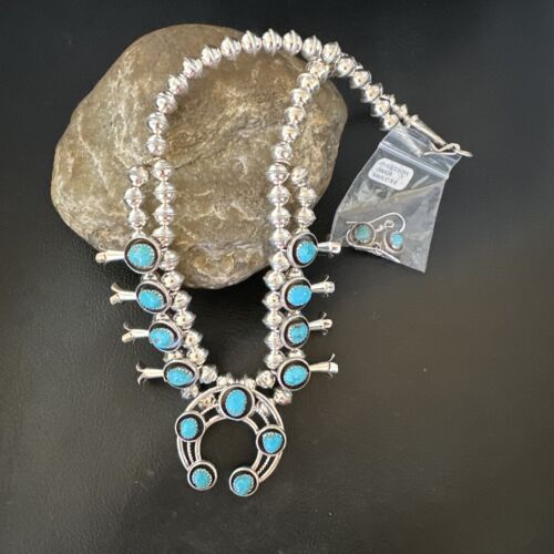 Navajo Kingman Turquoise Shadowbox Squash Blossom Necklace | Sterling Silver | 17" | 16111