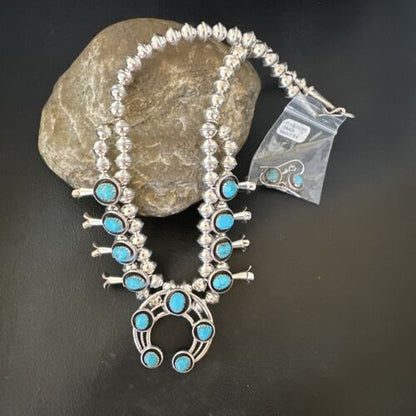 Navajo Kingman Turquoise Shadowbox Squash Blossom Necklace | Sterling Silver | 17" | 16111