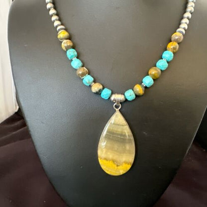 Men's BumbleBee Jasper Pendant Necklace | Navajo Pearls | Sterling Silver | Authentic Native American Handmade | 16875 - Masha USA